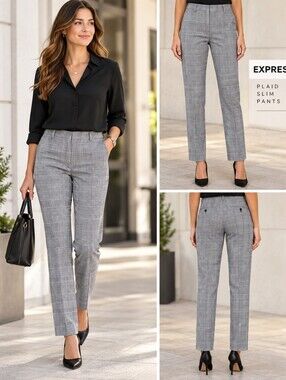 NWT Express Slim Women's Pants 78%Linen in Grey Plaid Size 30x30